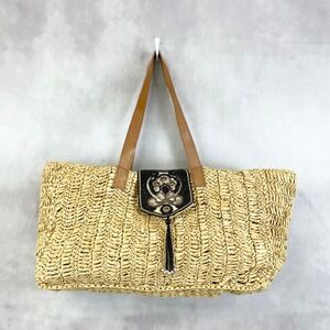 Anabaglish Raffia Tote Bag Tan Leather Beaded Boho Beach Resort Coastal Vacation